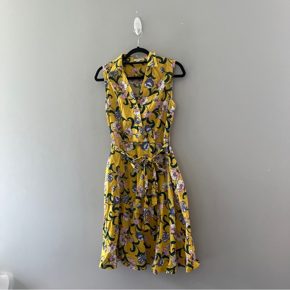 Moon River Yellow Floral Faux Wrap Dress Sleeveless Linen Blend Size Medium - Picture 7 of 7